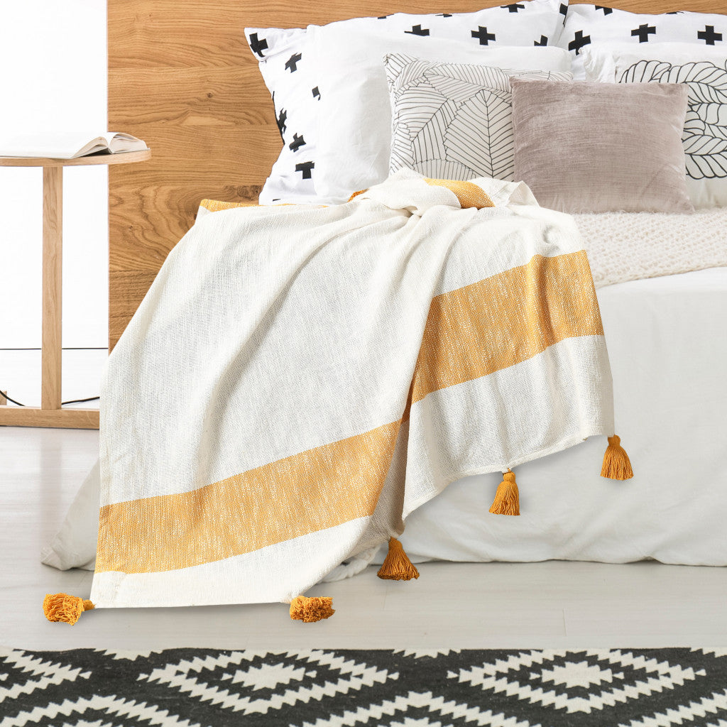 Yellow Woven Cotton Striped Throw Blanket