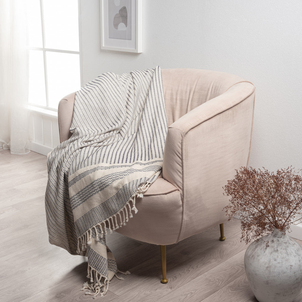 Blue and White Woven Cotton Striped Throw Blanket