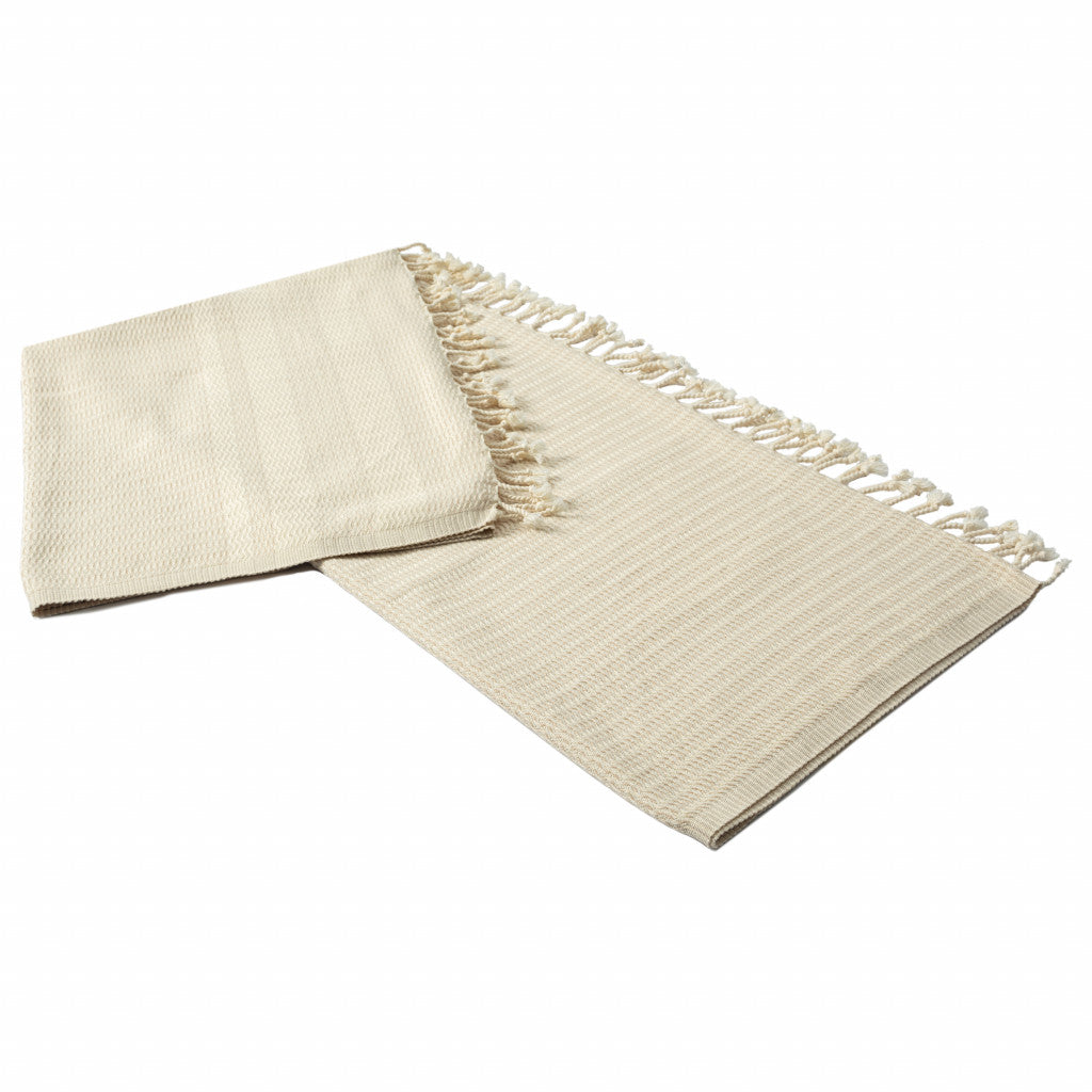 Beige Woven Cotton Striped Throw Blanket