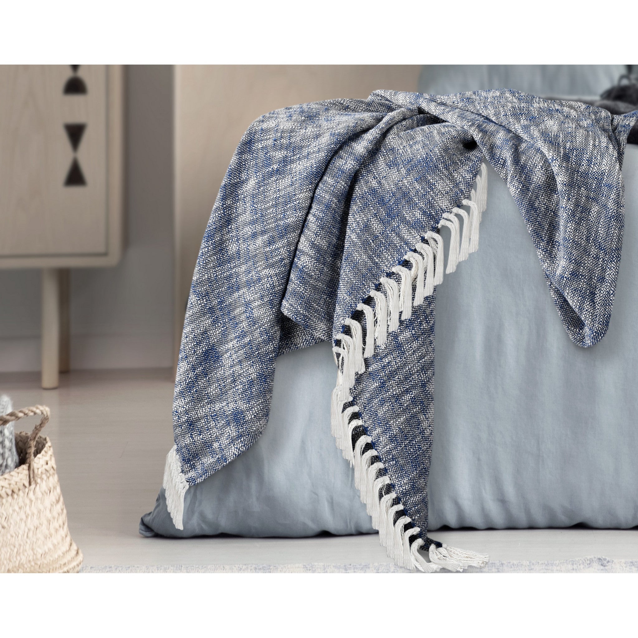 Blue and White Woven Cotton Solid Color Throw Blanket