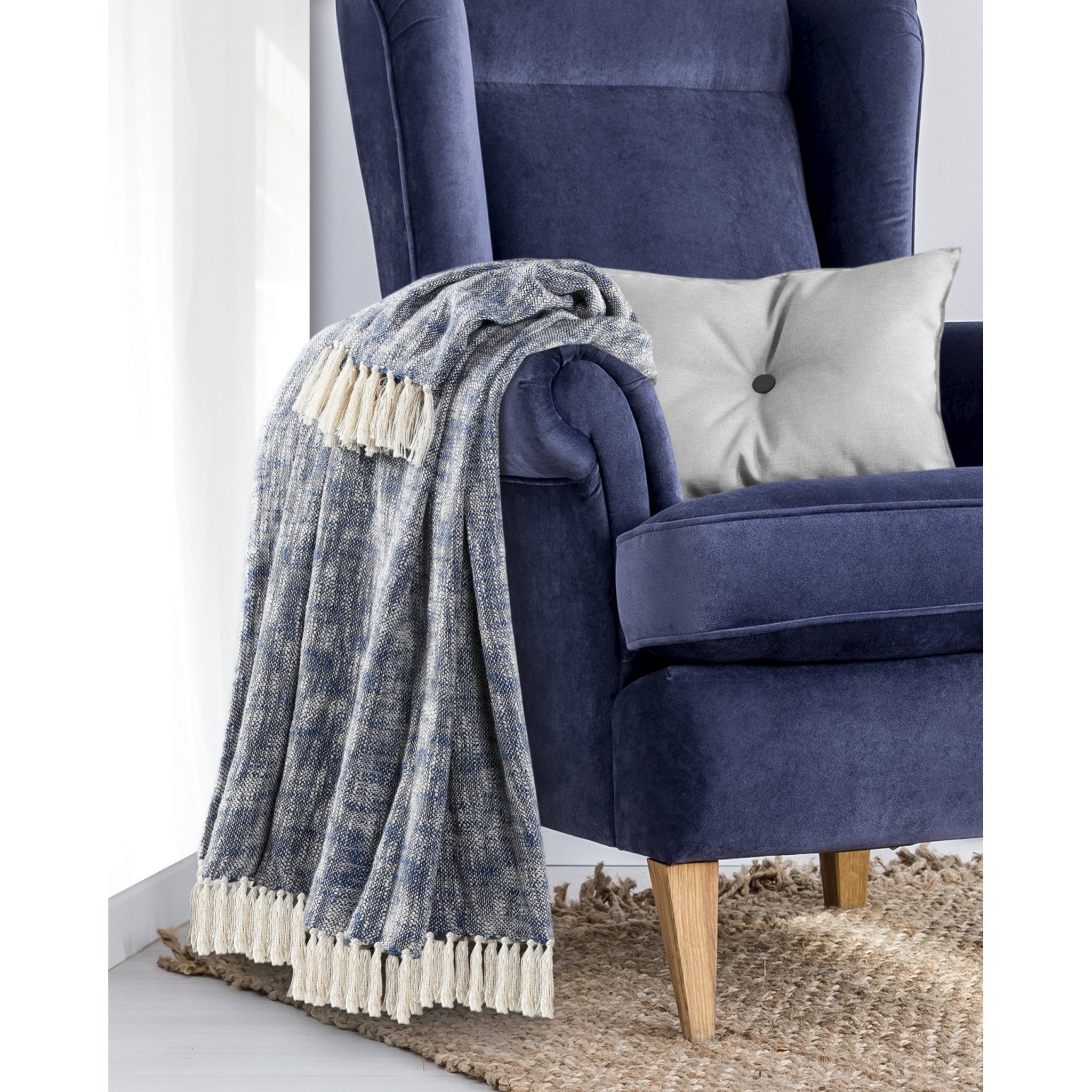 Blue and White Woven Cotton Solid Color Throw Blanket