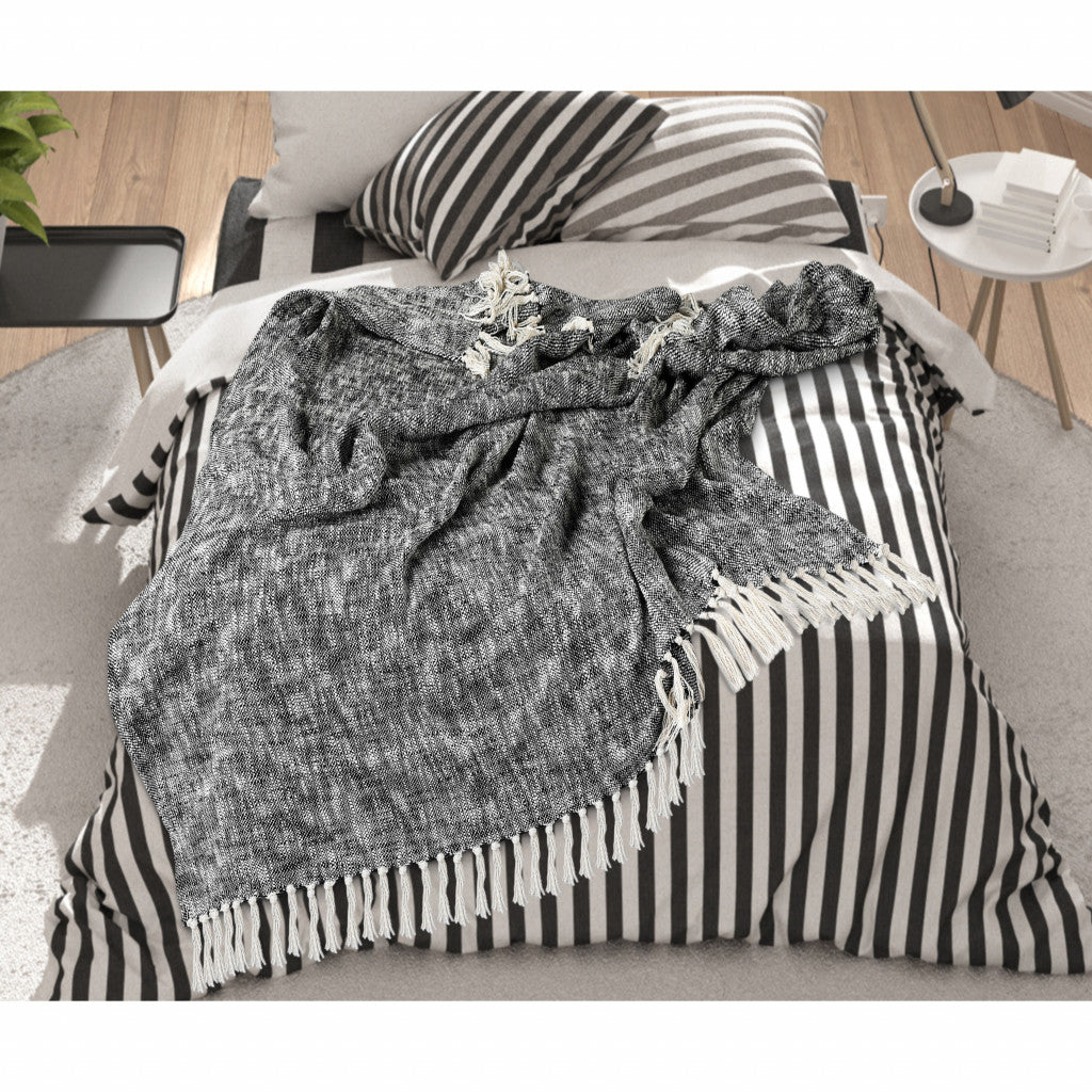 Black and White Woven Cotton Solid Color Throw Blanket