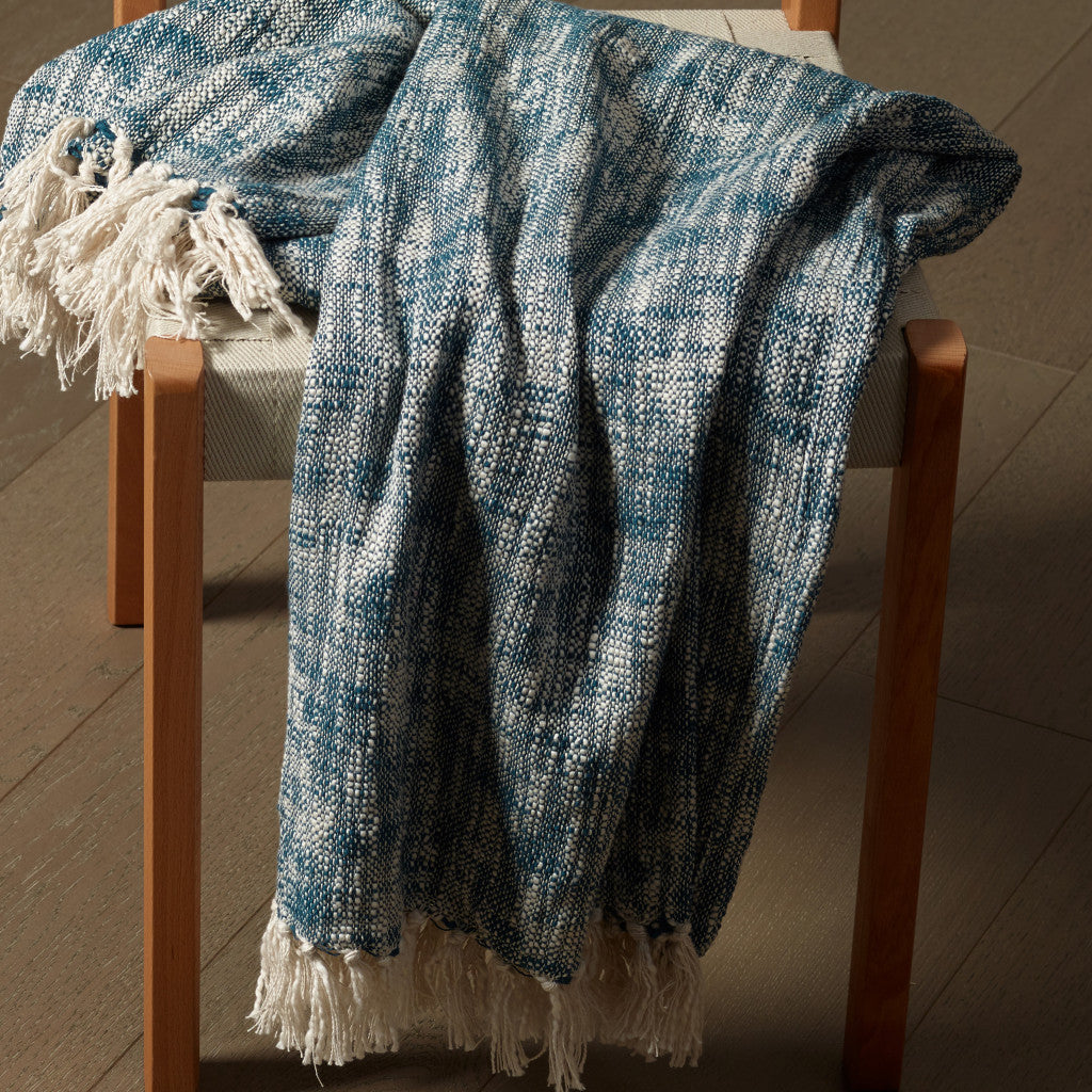 Blue and White Woven Cotton Solid Color Throw Blanket