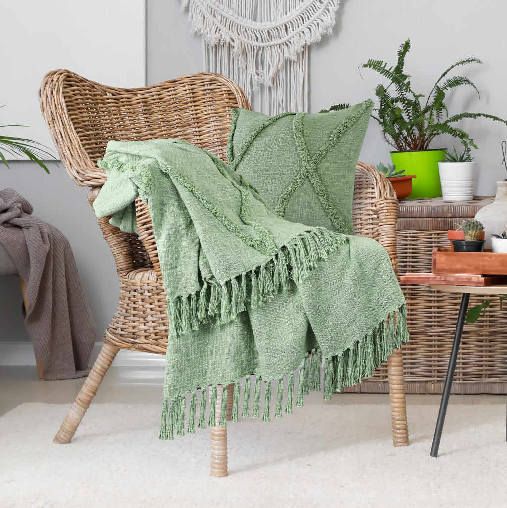 Green Woven Cotton Solid Color Throw Blanket