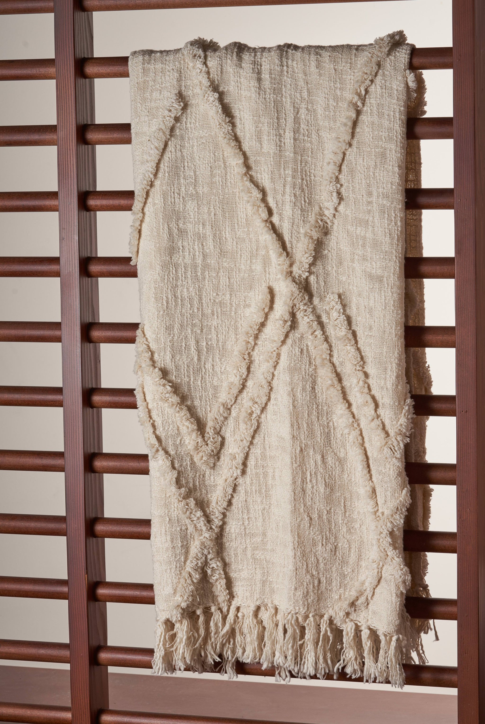 Beige Woven Cotton Geometric Throw Blanket