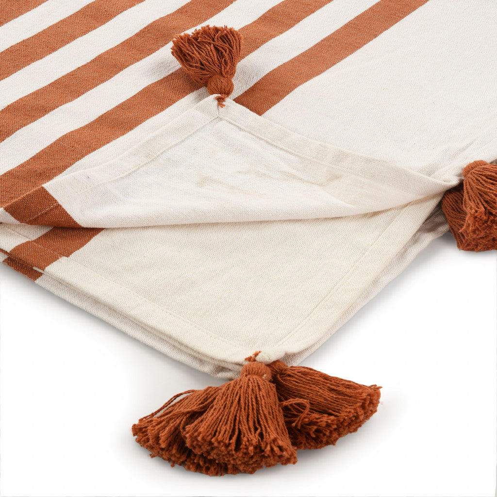 Orange Woven Cotton Striped Throw Blanket