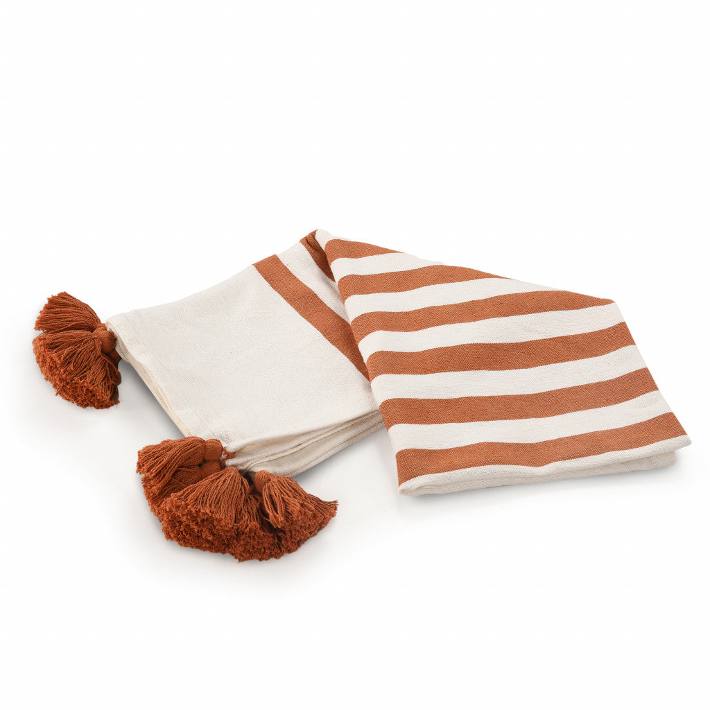 Orange Woven Cotton Striped Throw Blanket