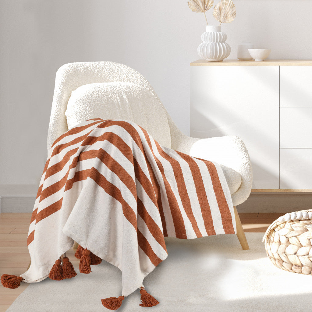 Orange Woven Cotton Striped Throw Blanket