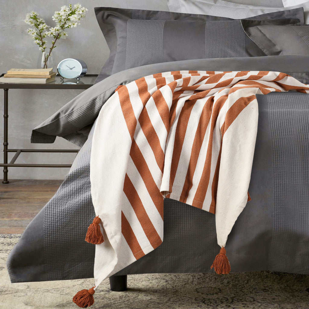 Orange Woven Cotton Striped Throw Blanket