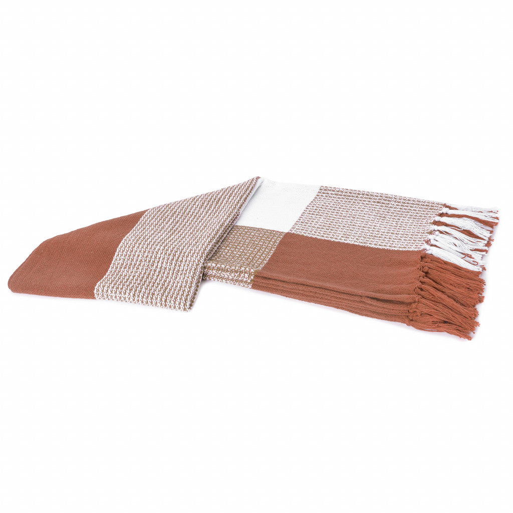 Brown and White Woven Cotton Checkered Throw Blanket