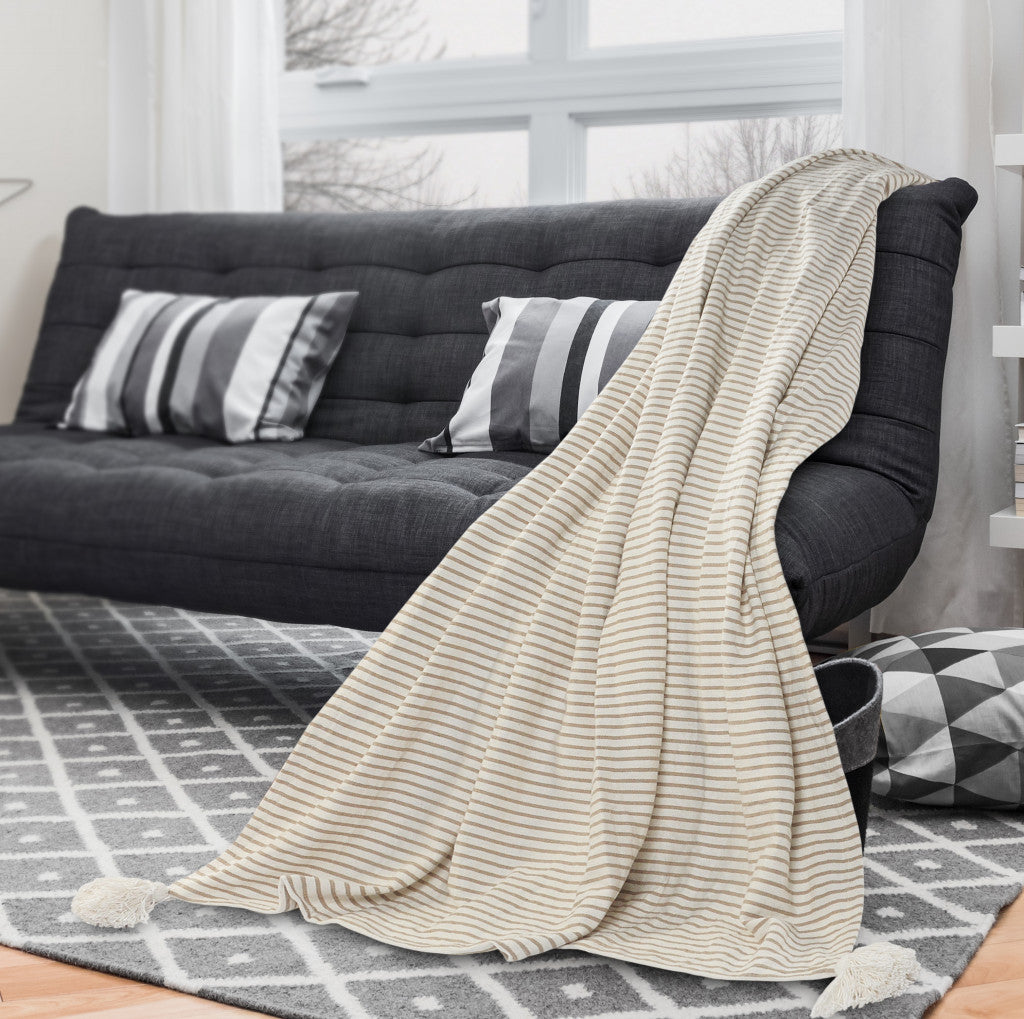 Brown and White Woven Cotton Striped Throw Blanket