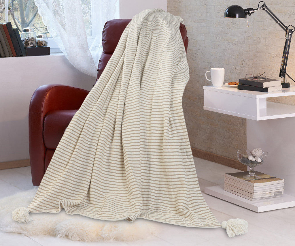 Brown and White Woven Cotton Striped Throw Blanket