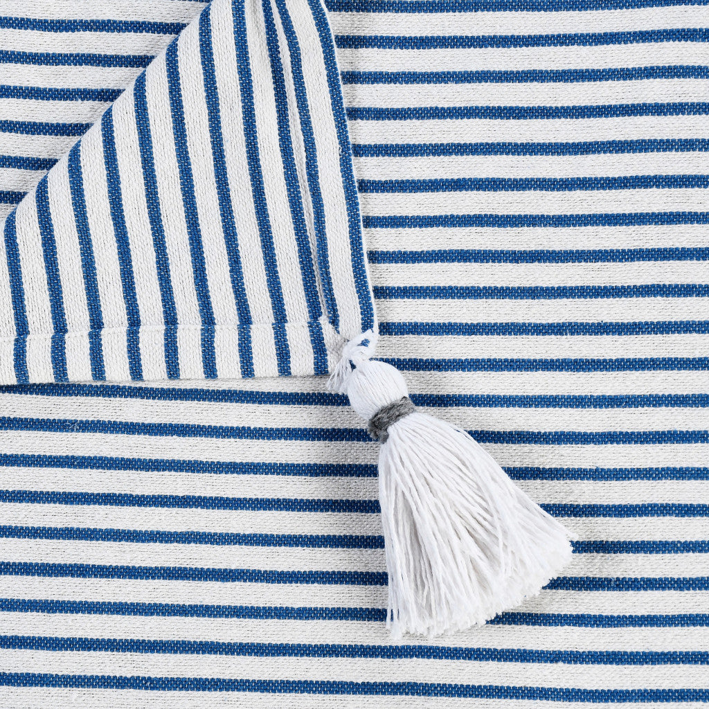 Blue and White Woven Cotton Striped Throw Blanket