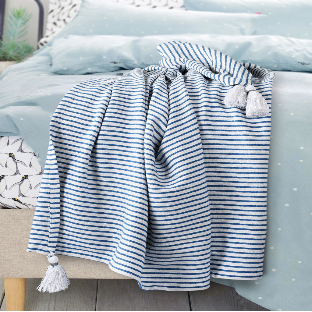 Blue and White Woven Cotton Striped Throw Blanket