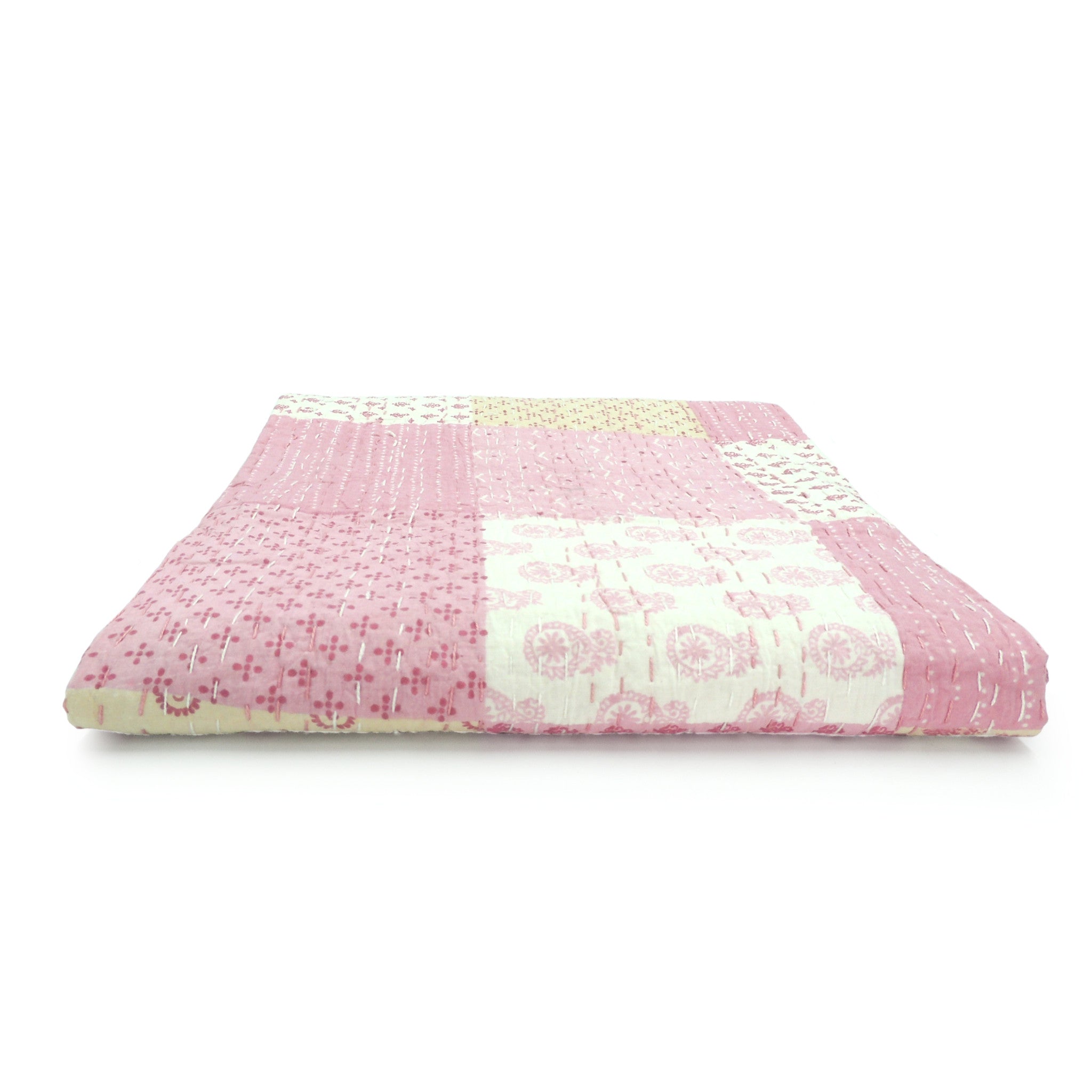 Pink Knitted Cotton Patchwork Throw Blanket