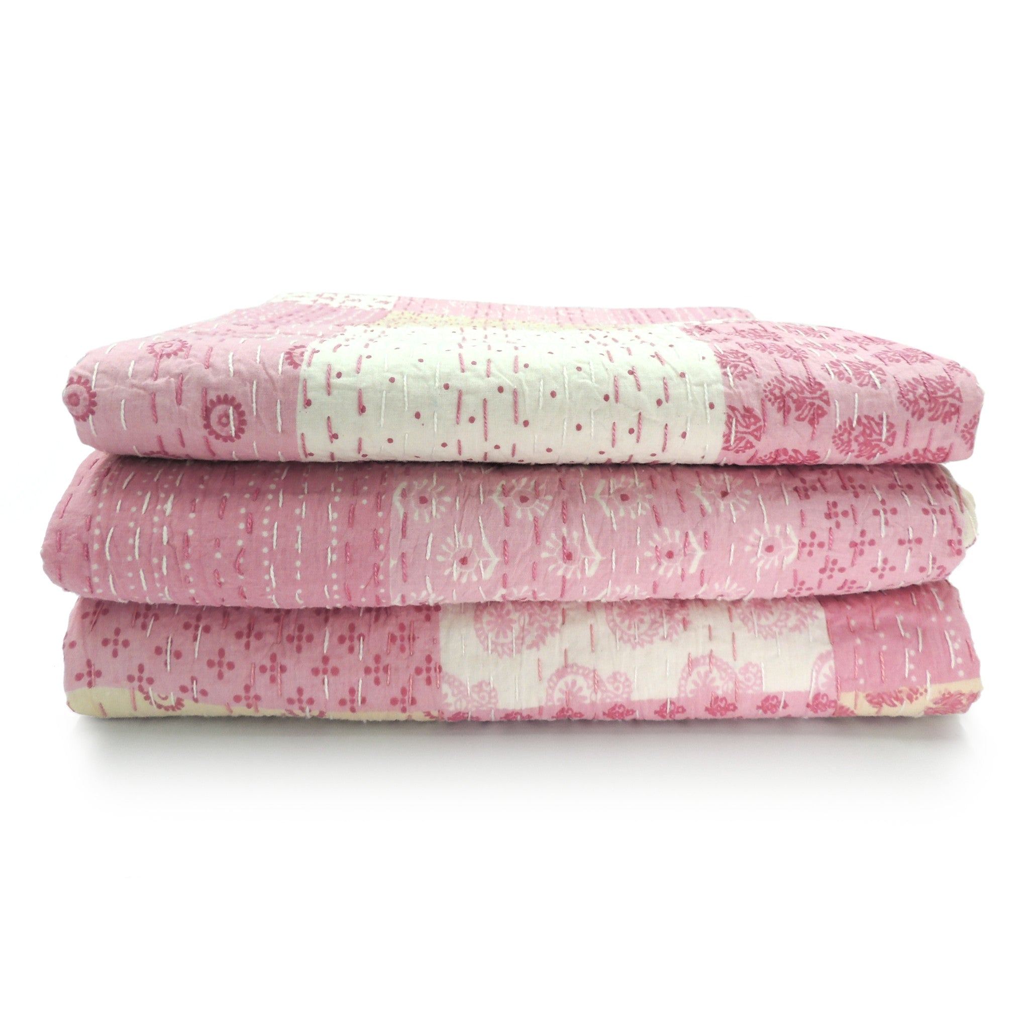 Pink Knitted Cotton Patchwork Throw Blanket