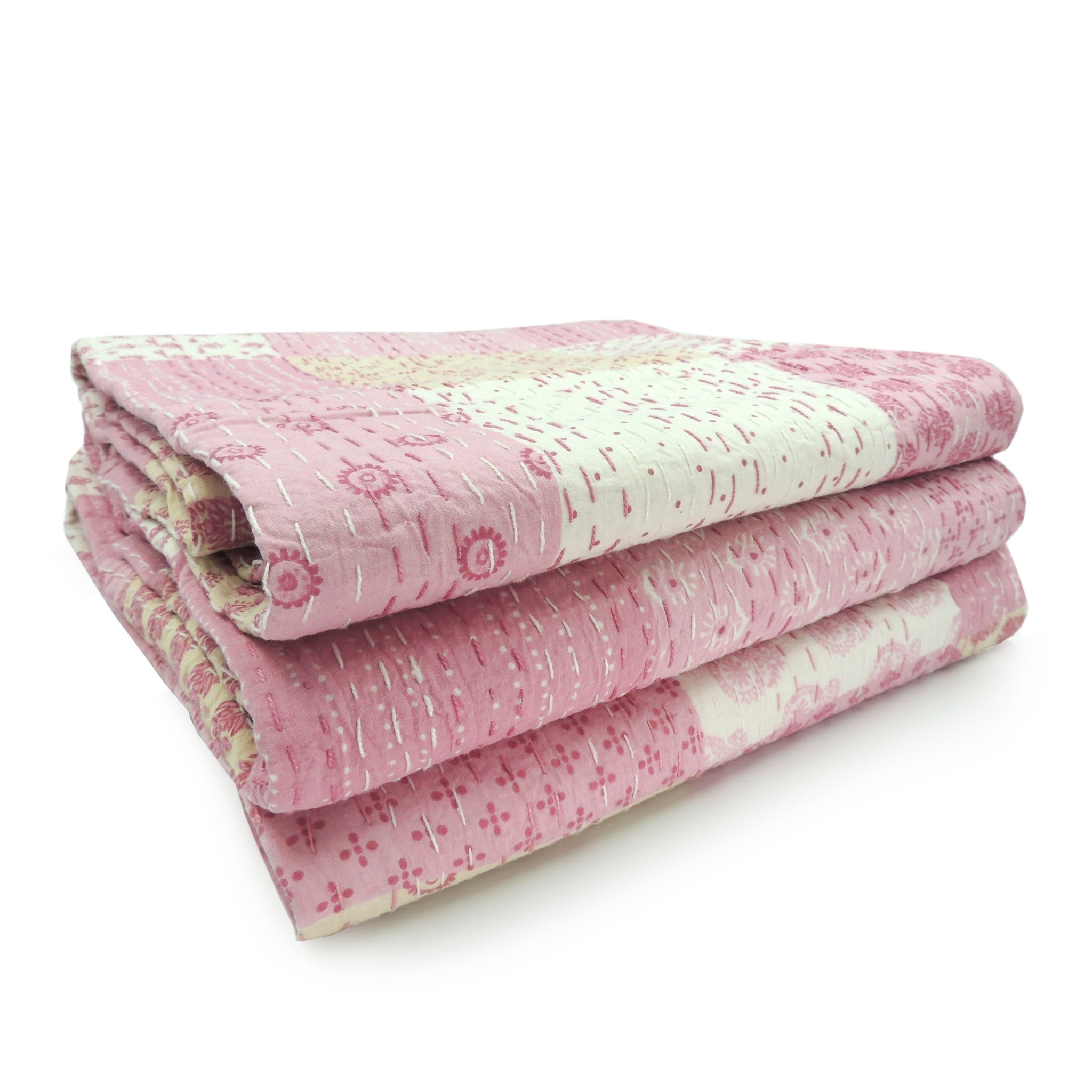 Pink Knitted Cotton Patchwork Throw Blanket