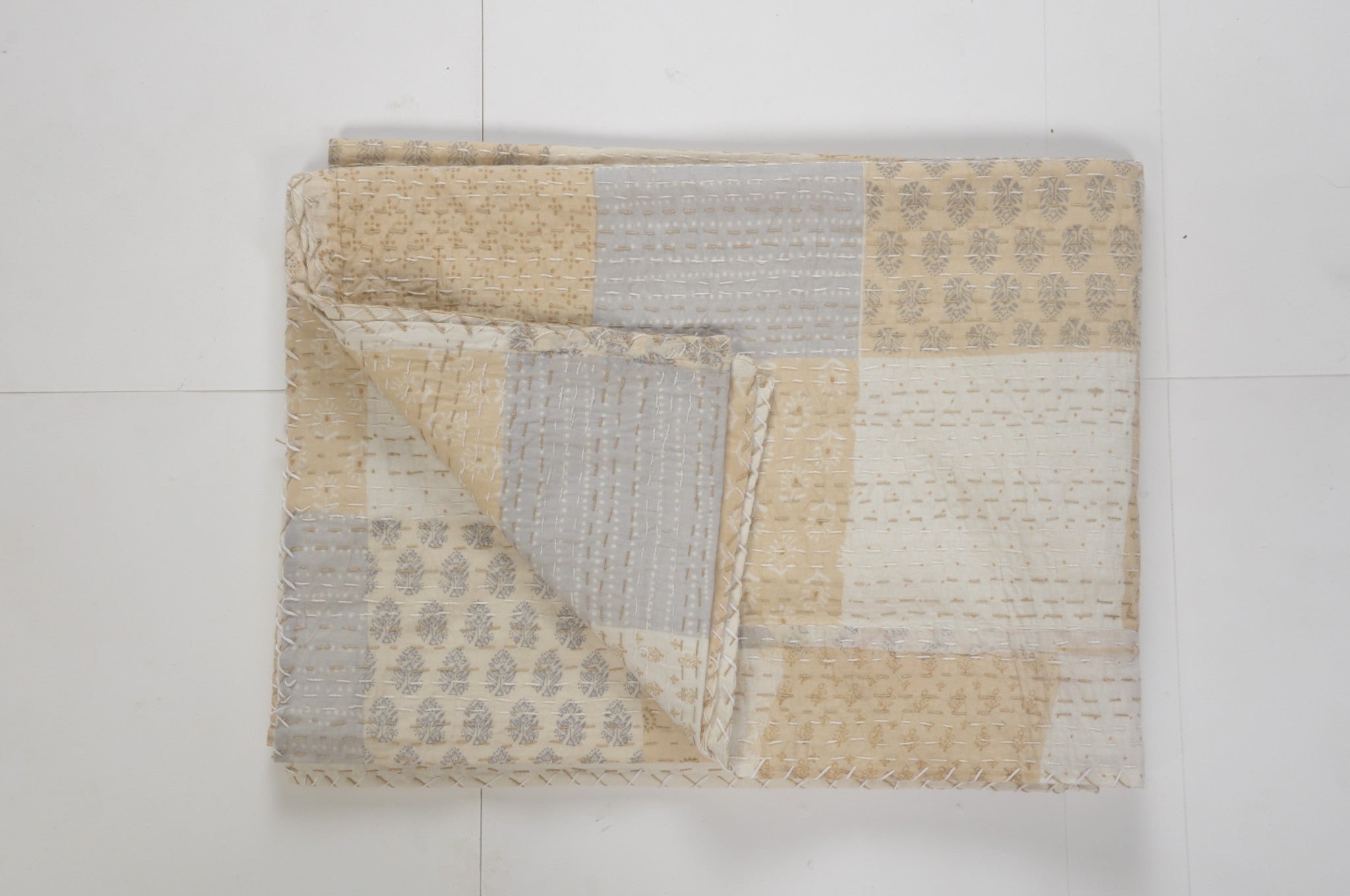 Beige Knitted Cotton Patchwork Throw Blanket