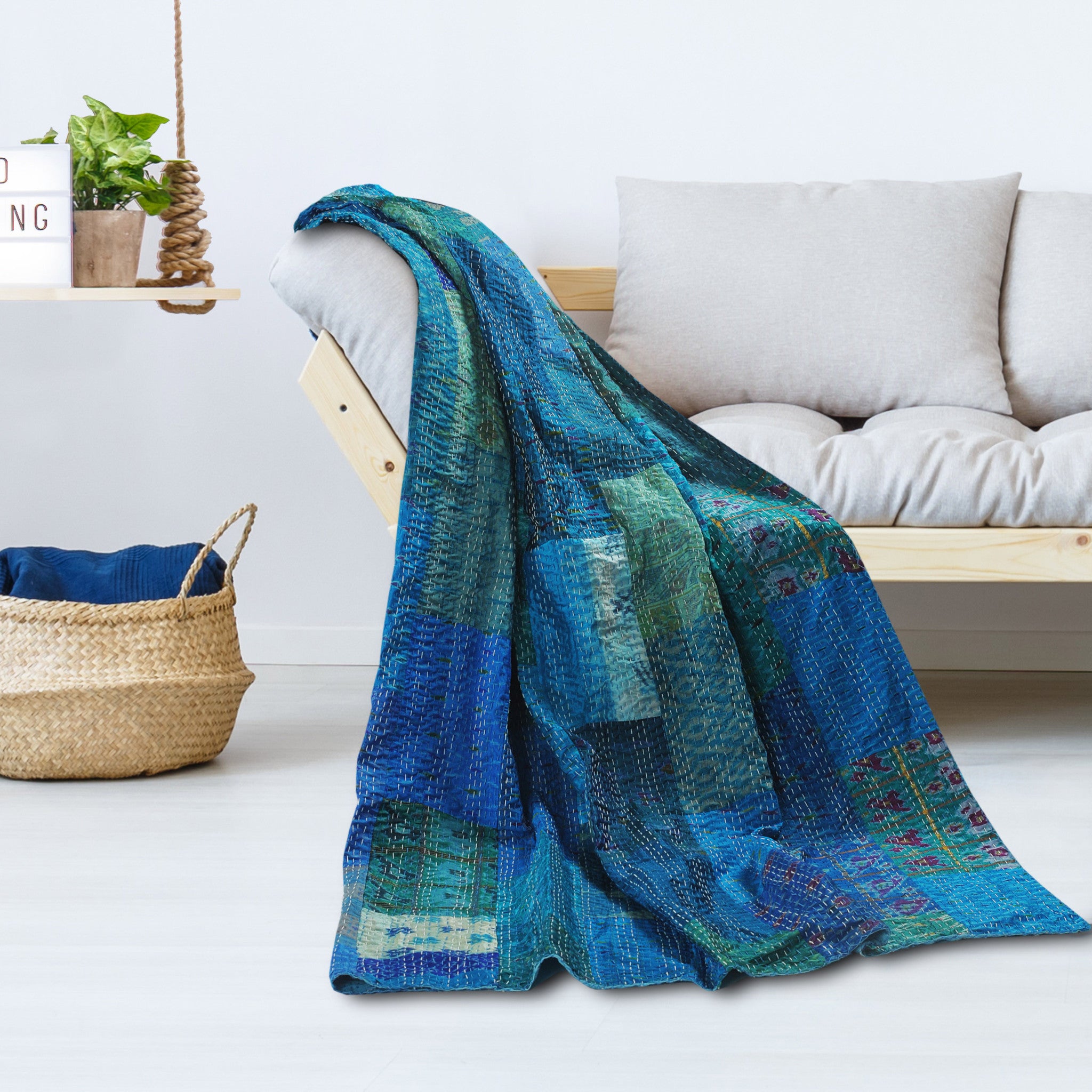 Blue Knitted Silk Patchwork Throw Blanket