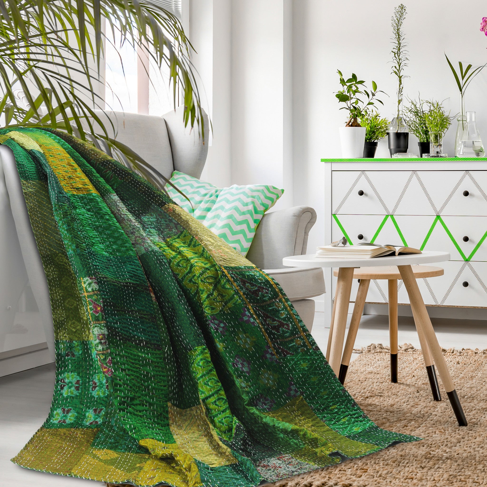 Green Knitted Silk Patchwork Throw Blanket