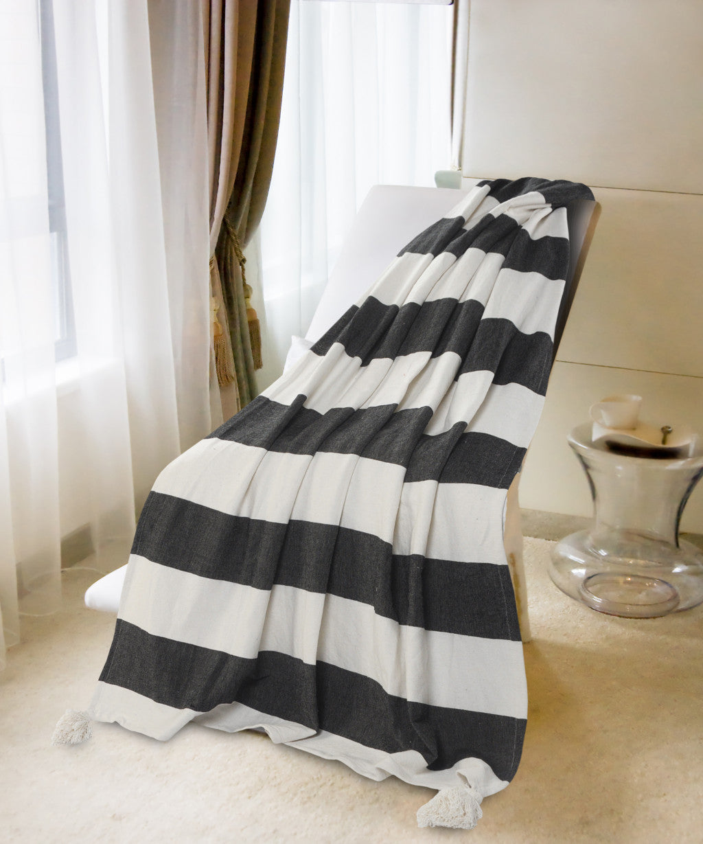 Gray and White Woven Cotton Striped Throw Blanket