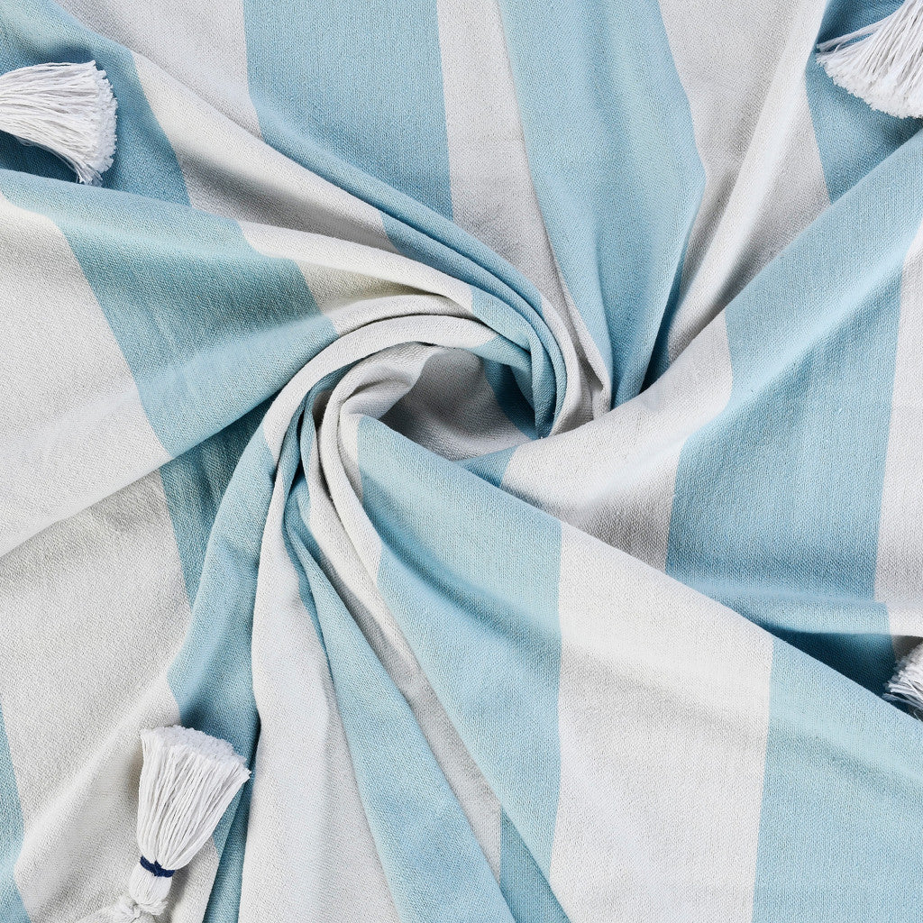 Blue and White Woven Cotton Striped Throw Blanket