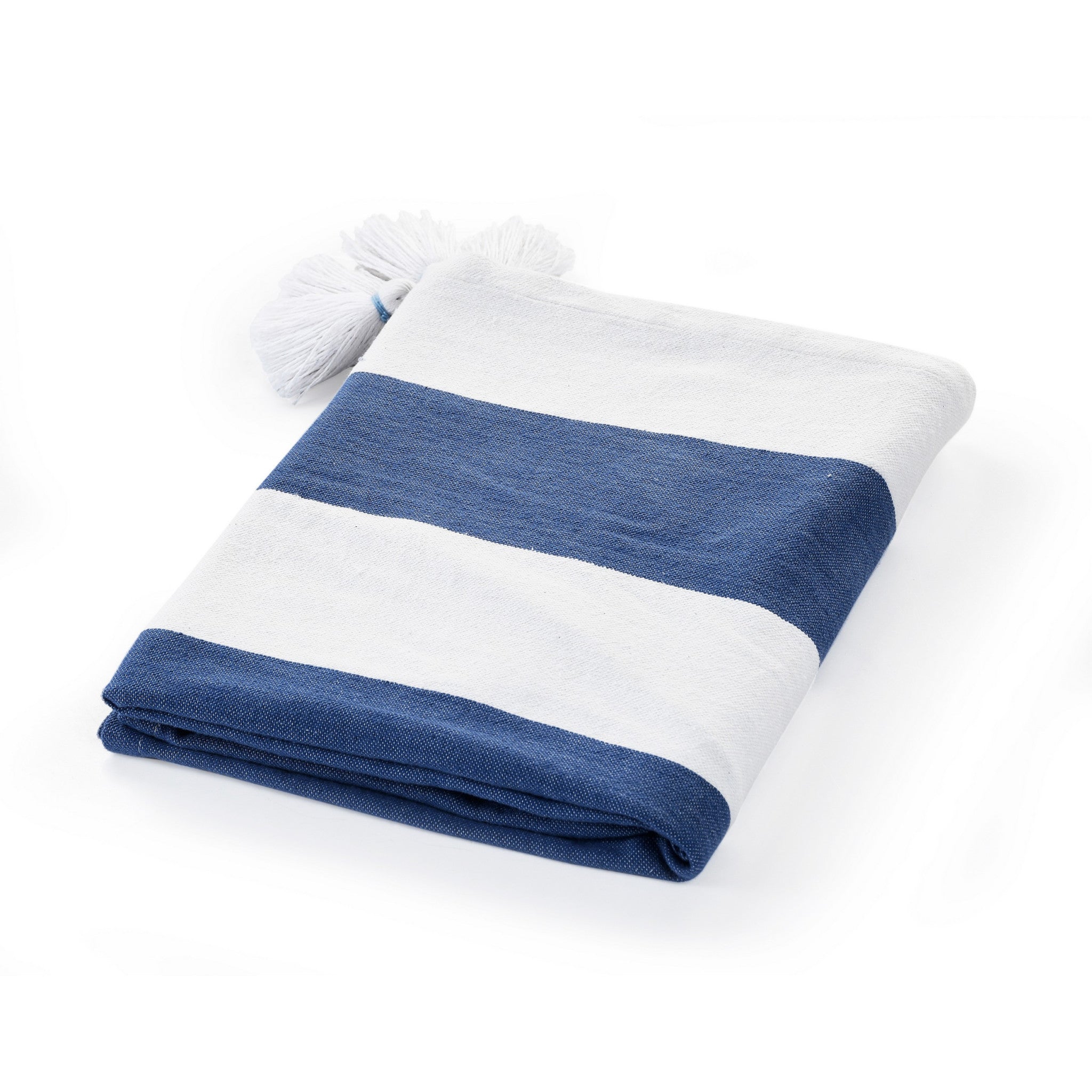 Blue and White Knitted Cotton Striped Throw Blanket