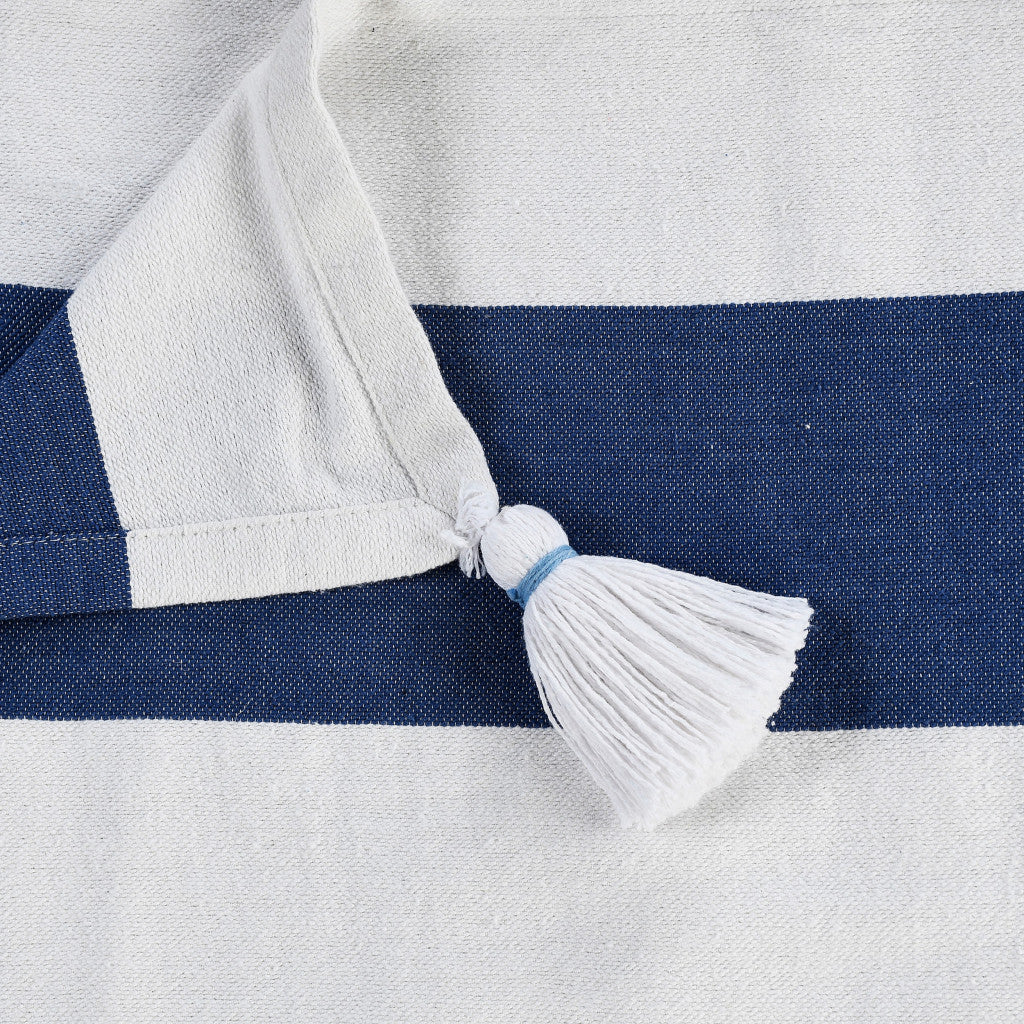 Blue and White Knitted Cotton Striped Throw Blanket