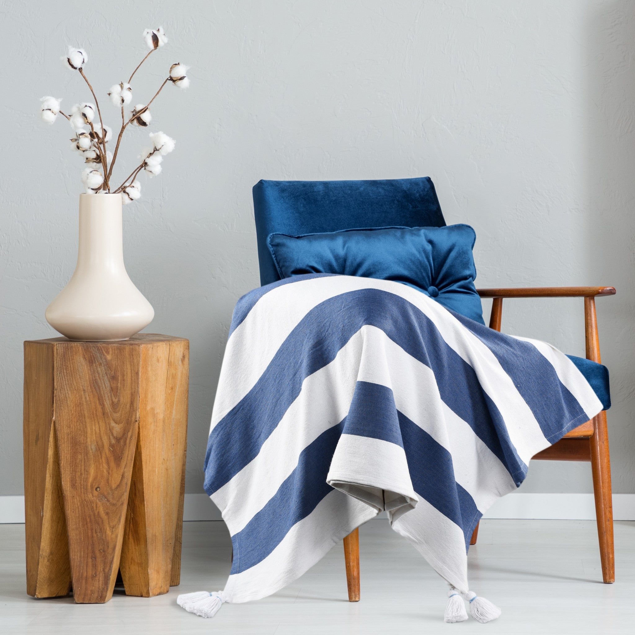 Blue and White Knitted Cotton Striped Throw Blanket