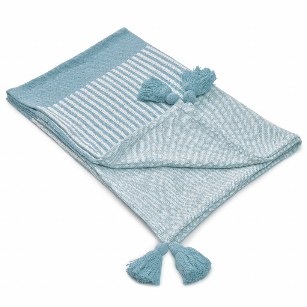 Blue Woven Cotton Striped Throw Blanket