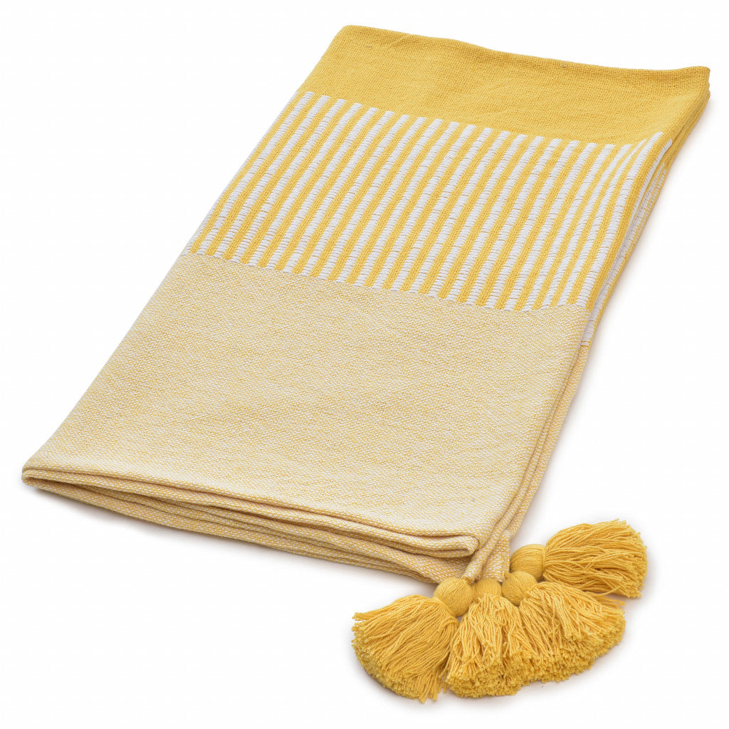 Yellow Woven Cotton Striped Throw Blanket