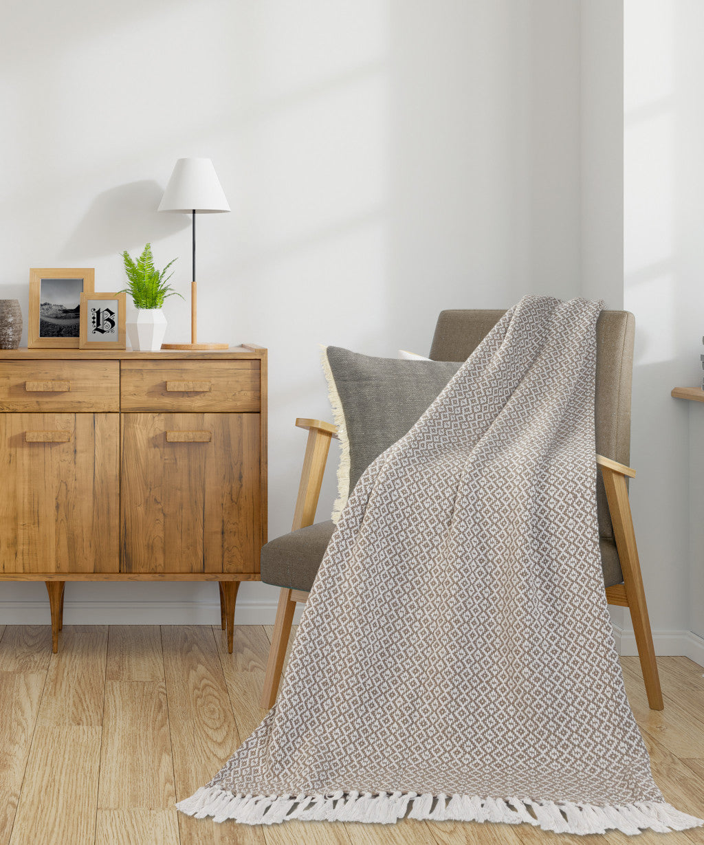 Tan Woven Cotton Geometric Throw Blanket