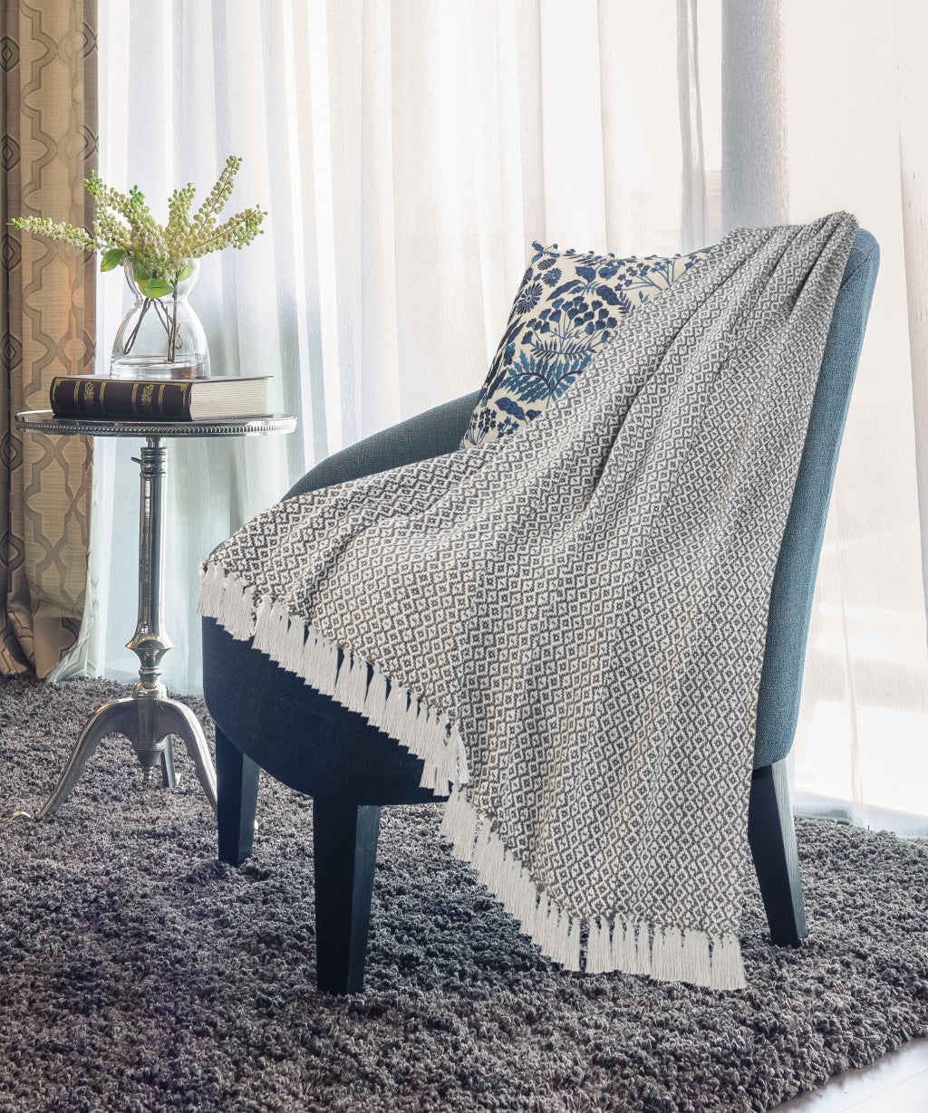 Gray and White Woven Cotton Geometric Throw Blanket