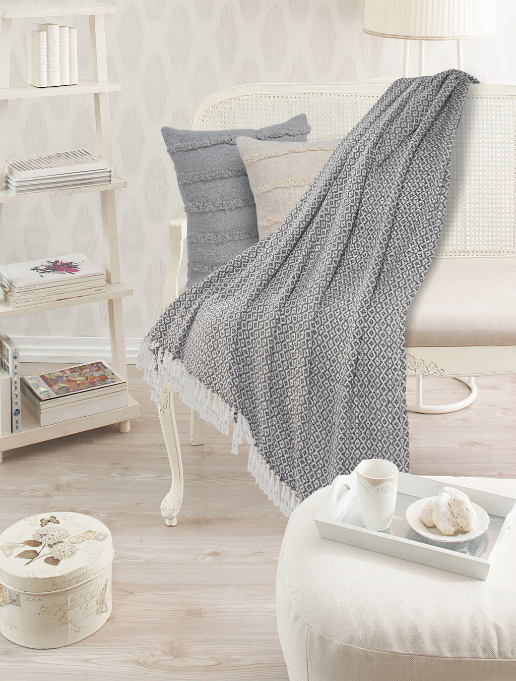 Gray and White Woven Cotton Geometric Throw Blanket