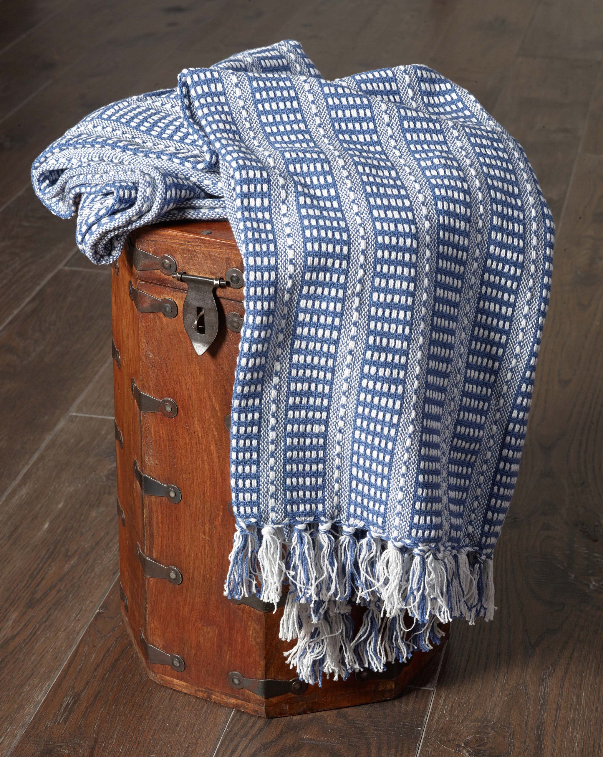 Blue and White Woven Cotton Striped Throw Blanket