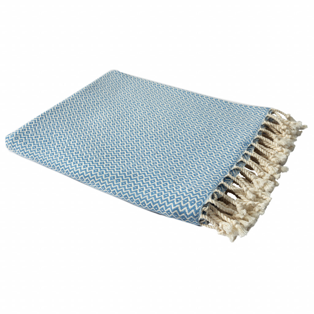 Blue and White Woven Cotton Geometric Throw Blanket