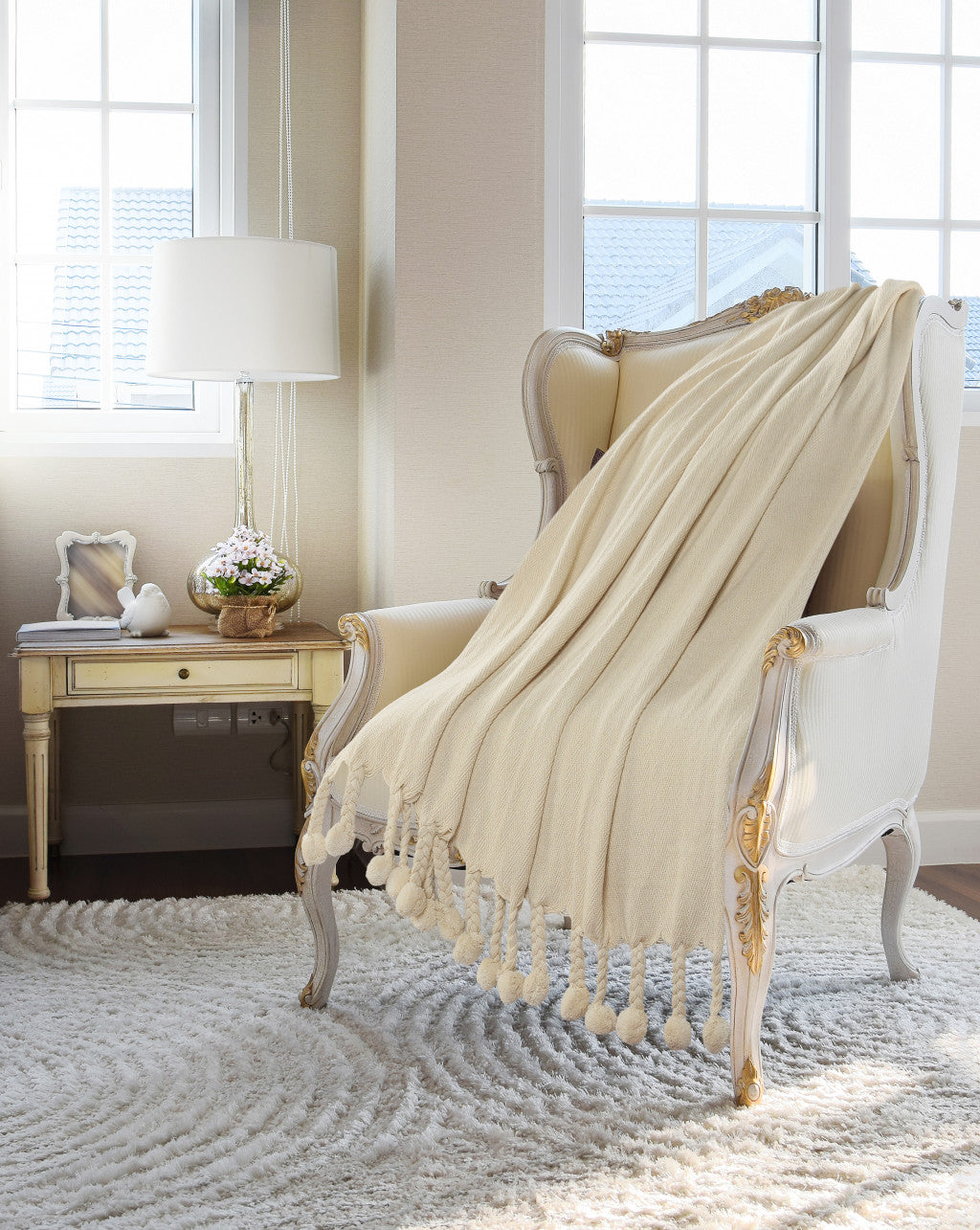 Cream Woven Cotton Chevron Throw Blanket