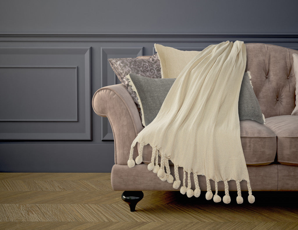 Cream Woven Cotton Chevron Throw Blanket