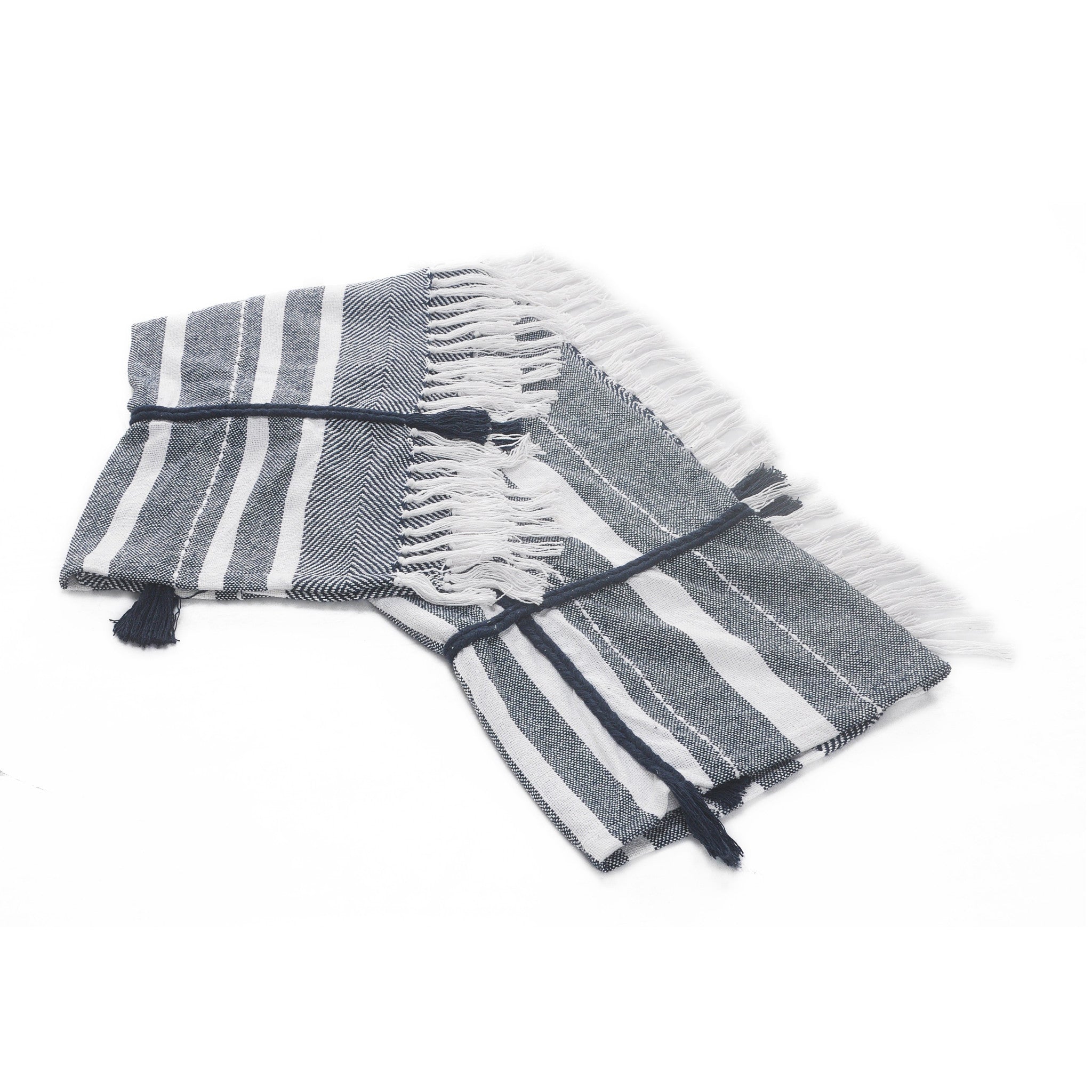 Blue and White Woven Cotton Striped Throw Blanket