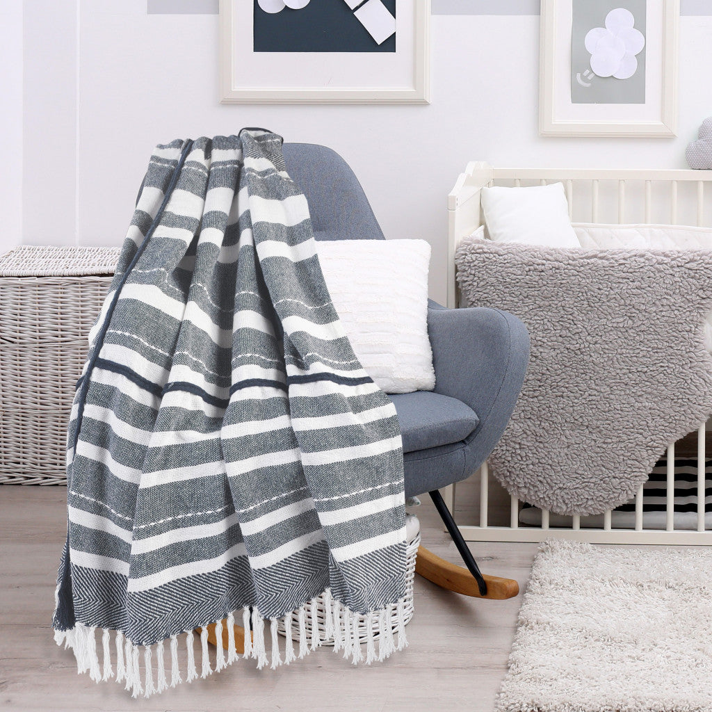 Blue and White Woven Cotton Striped Throw Blanket