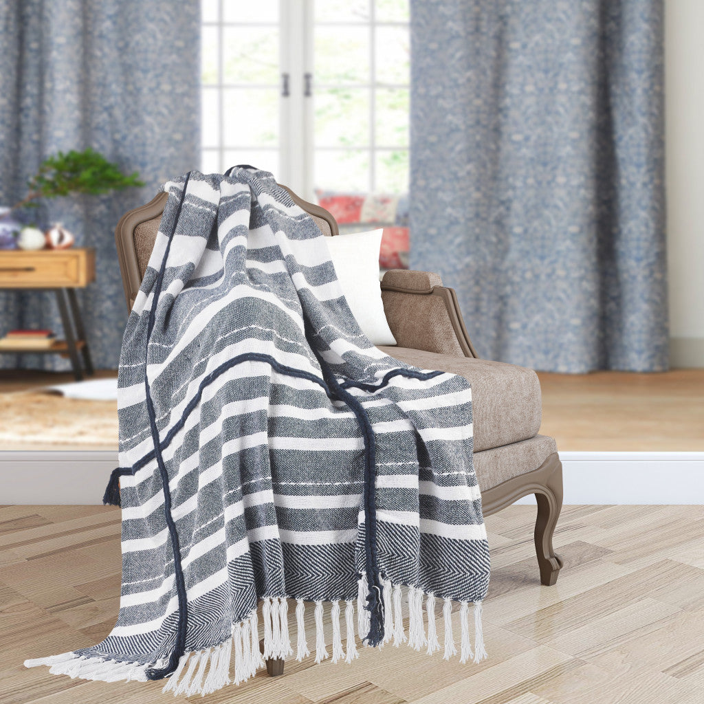 Blue and White Woven Cotton Striped Throw Blanket