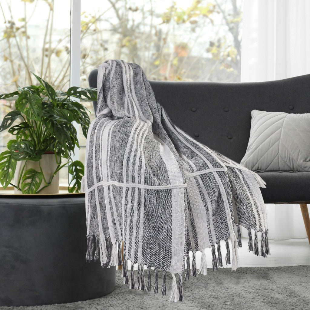 Gray and White Woven Cotton Striped Throw Blanket