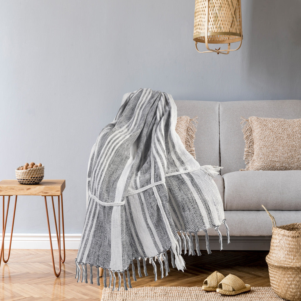 Gray and White Woven Cotton Striped Throw Blanket