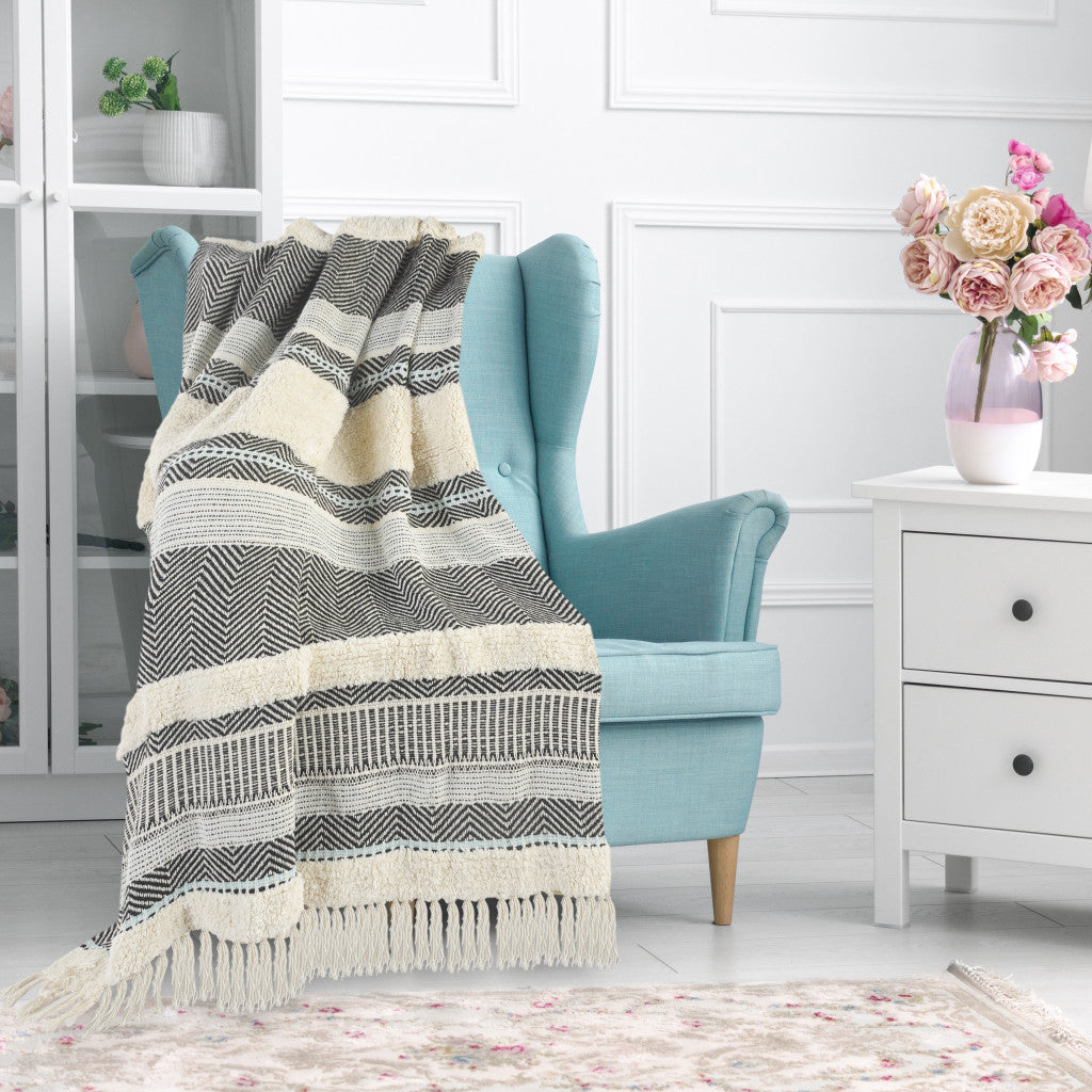 Cream Woven Cotton Herringbone Throw Blanket