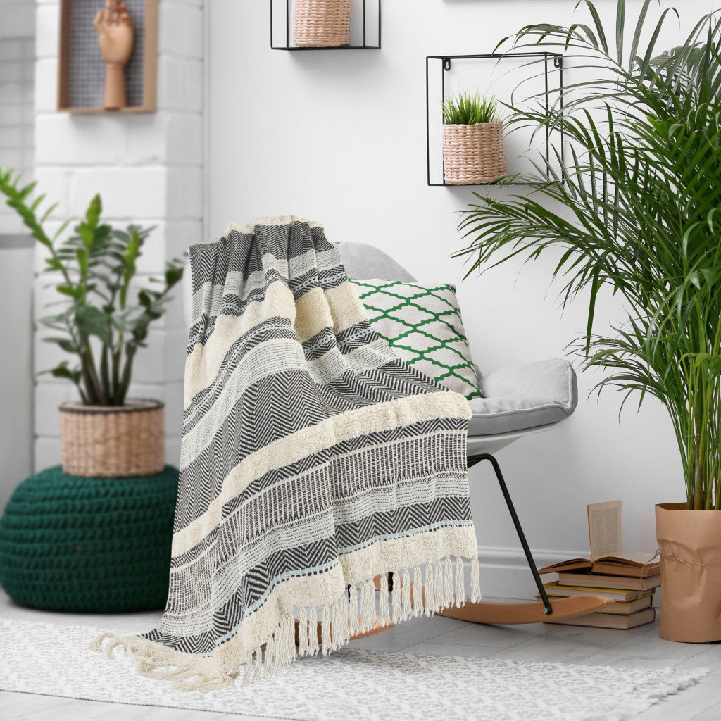 Cream Woven Cotton Herringbone Throw Blanket