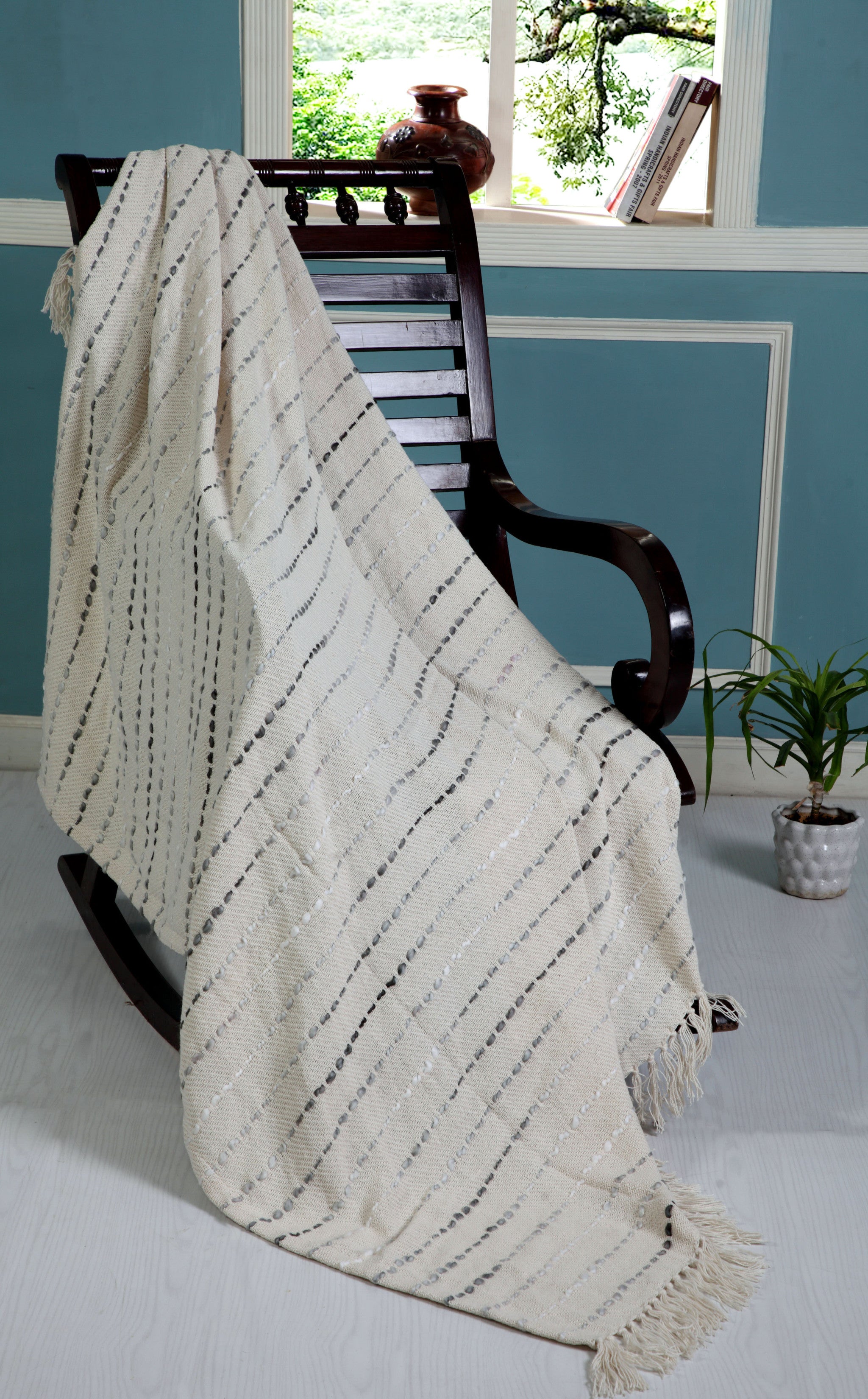 Cream Woven Cotton Striped Throw Blanket