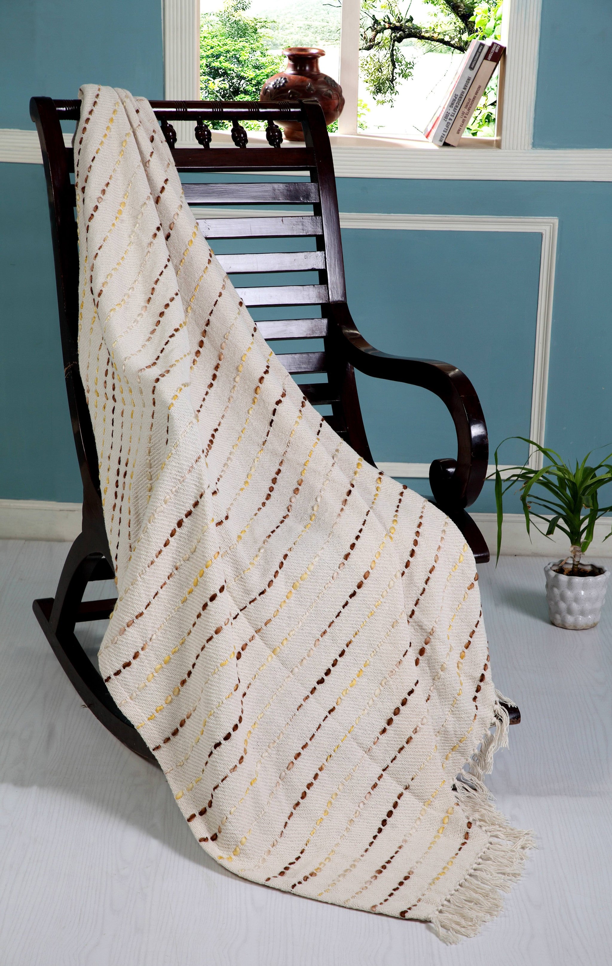 Cream Woven Cotton Striped Throw Blanket