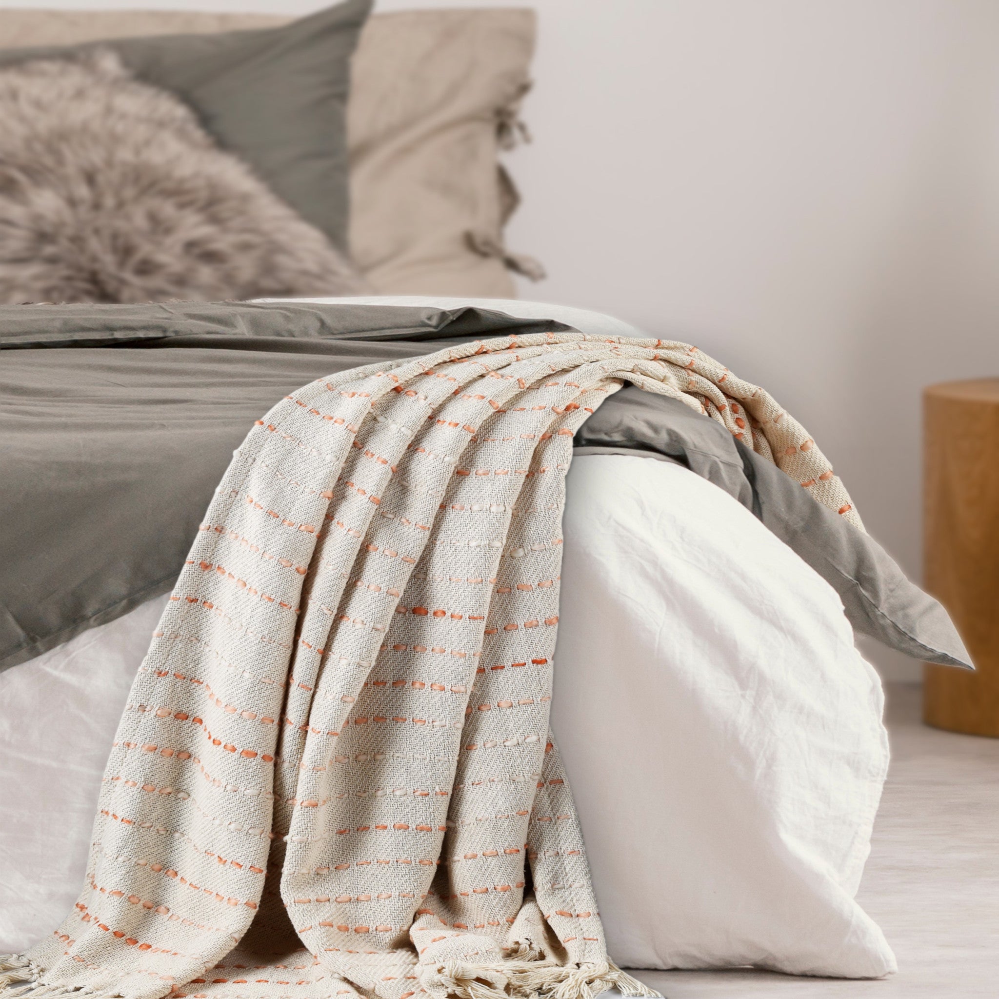 Cream Woven Cotton Striped Throw Blanket