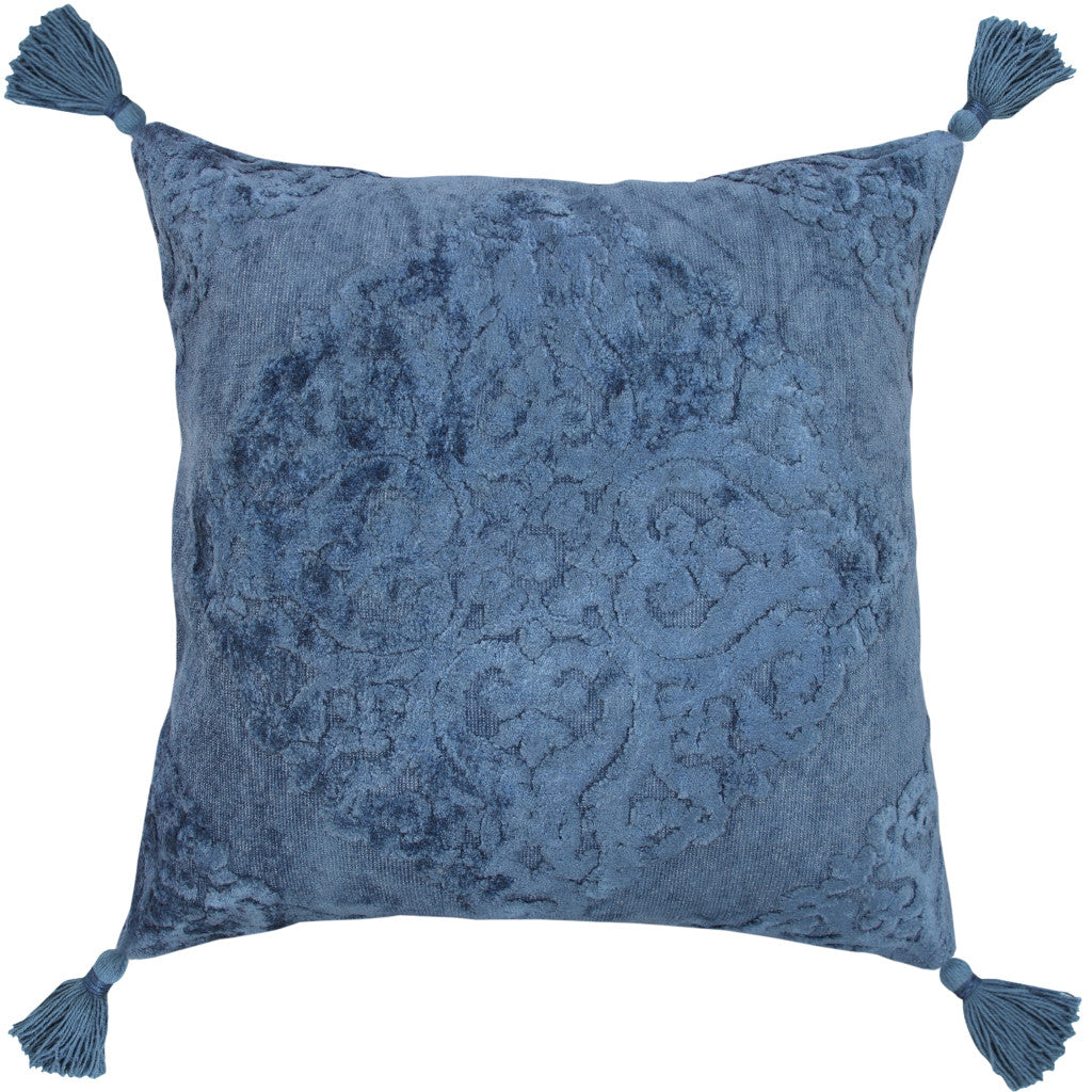 20" X 20" Blue Damask Cotton Blend Zippered Pillow With Tassels