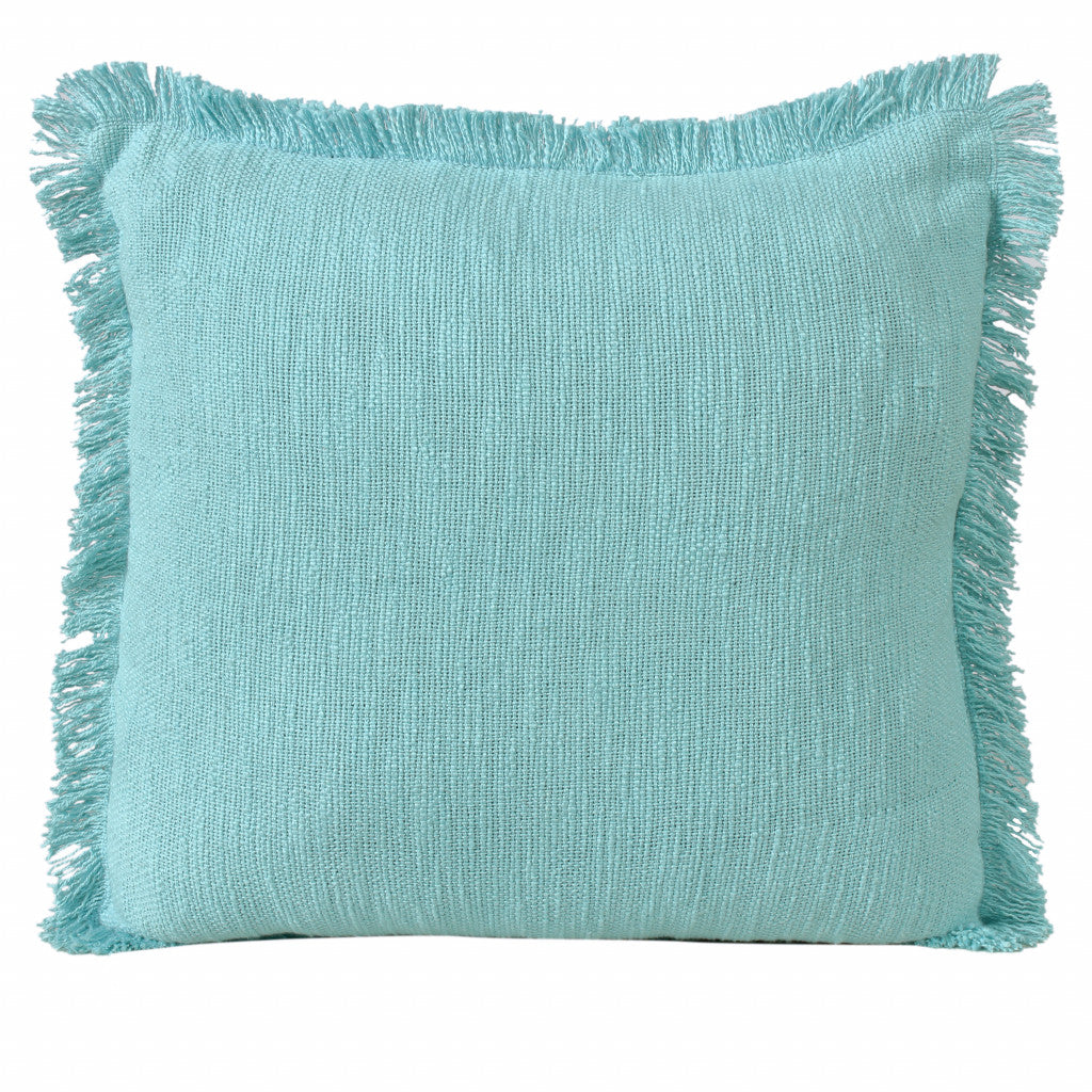 20" X 20" Aqua 100% Cotton Zippered Pillow With Fringe